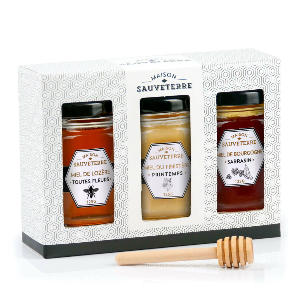 Coffrets Cadeau 3 Miels de France et Cuillère à Miel 3x125g
